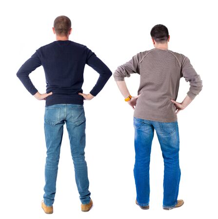 Back view two man in sweater. Rear view people collection. backside view of person. Isolated over white background. Guys looking forwardの写真素材
