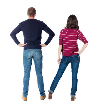 Back view couple in sweater. beautiful man and woman. Rear view people collection. backside view of person. Isolated over white background.の写真素材