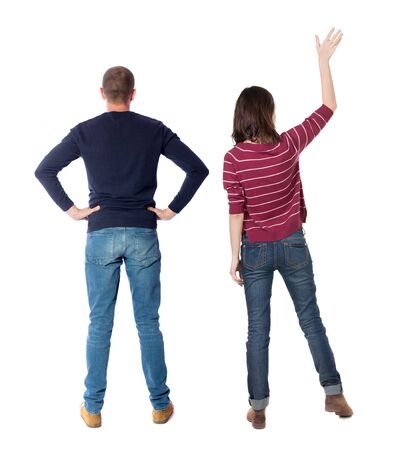 Back view couple in sweater. beautiful man and woman. Rear view people collection. backside view of person. Isolated over white background.の写真素材