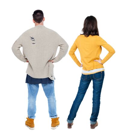Back view couple in sweater. beautiful man and woman. Rear view people collection. backside view of person. Isolated over white background.の写真素材