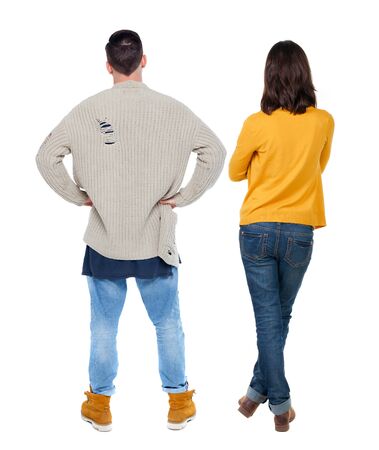 Back view couple in sweater. beautiful man and woman. Rear view people collection. backside view of person. Isolated over white background.の写真素材