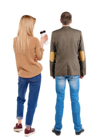 Back view couple in sweater. beautiful man and woman. Rear view people collection. backside view of person. Isolated over white background.の写真素材