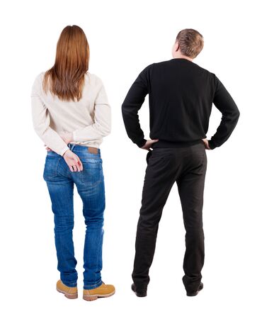 Back view couple in sweater. beautiful man and woman. Rear view people collection. backside view of person. Isolated over white background.の写真素材