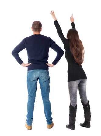 Back view couple in sweater. beautiful man and woman. Rear view people collection. backside view of person. Isolated over white background.の写真素材