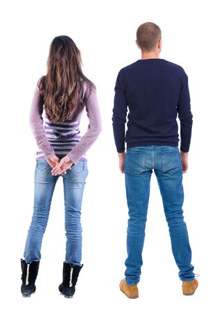 Back view couple in sweater. beautiful man and woman. Rear view people collection. backside view of person. Isolated over white background.の写真素材