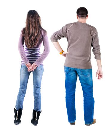 Back view couple in sweater. beautiful man and woman. Rear view people collection. backside view of person. Isolated over white background.の写真素材
