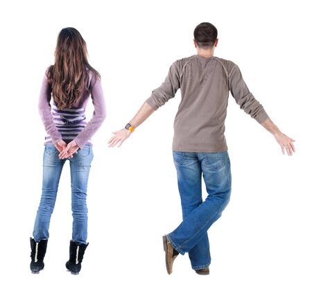 Back view couple in sweater. beautiful man and woman. Rear view people collection. backside view of person. Isolated over white background.の写真素材