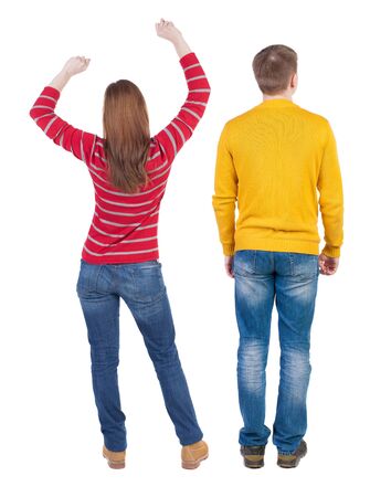 Back view couple in sweater. beautiful man and woman. Rear view people collection. backside view of person. Isolated over white background.の写真素材
