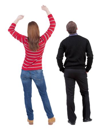 Back view couple in sweater. beautiful man and woman. Rear view people collection. backside view of person. Isolated over white background.の写真素材