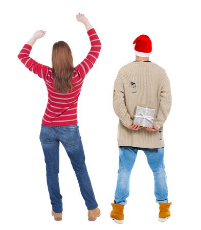 Back view couple in sweater. beautiful man and woman. Rear view people collection. backside view of person. Isolated over white background.の写真素材