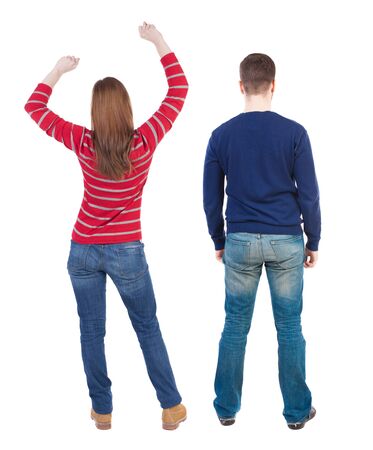 Back view couple in sweater. beautiful man and woman. Rear view people collection. backside view of person. Isolated over white background.の写真素材