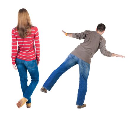 Back view couple in sweater. beautiful man and woman. Rear view people collection. backside view of person. Isolated over white background.の写真素材