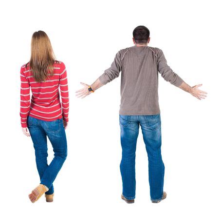 Back view couple in sweater. beautiful man and woman. Rear view people collection. backside view of person. Isolated over white background.の写真素材
