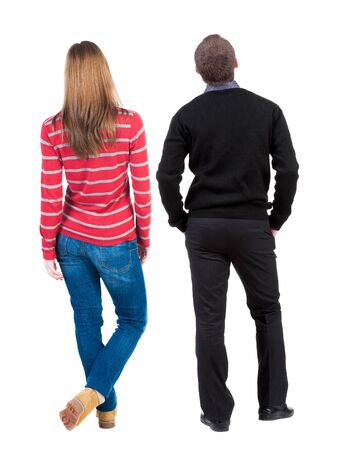 Back view couple in sweater. beautiful man and woman. Rear view people collection. backside view of person. Isolated over white background.の写真素材