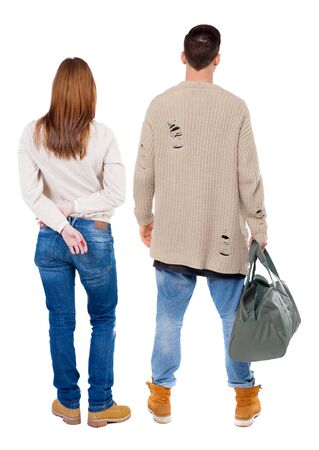 Back view couple in sweater. beautiful man and woman. Rear view people collection. backside view of person. Isolated over white background.の写真素材
