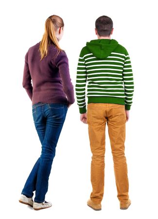 Back view couple in sweater. beautiful man and woman. Rear view people collection. backside view of person. Isolated over white background.の写真素材