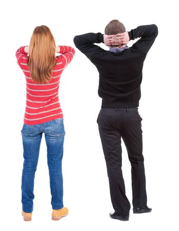 Back view couple in sweater. beautiful man and woman. Rear view people collection. backside view of person. Isolated over white background.の写真素材