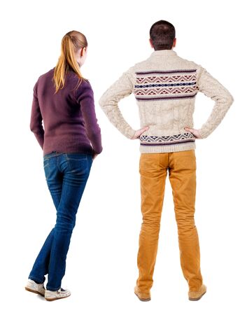 Back view couple in sweater. beautiful man and woman. Rear view people collection. backside view of person. Isolated over white background.の写真素材