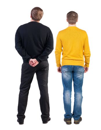 Back view two man in sweater. Rear view people collection. backside view of person. Isolated over white background. Guys looking forwardの写真素材