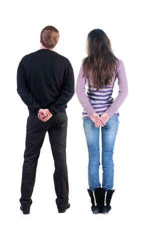 Back view couple in sweater. beautiful man and woman. Rear view people collection. backside view of person. Isolated over white background.の写真素材