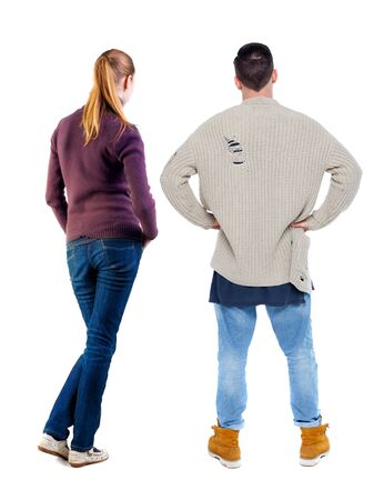 Back view couple in sweater. beautiful man and woman. Rear view people collection. backside view of person. Isolated over white background.の写真素材
