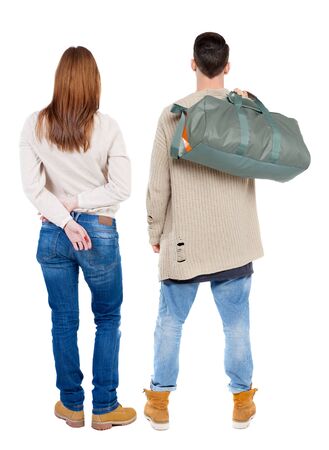 Back view couple in sweater. beautiful man and woman. Rear view people collection. backside view of person. Isolated over white background.の写真素材
