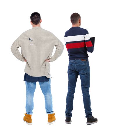 Back view two man in sweater. Rear view people collection. backside view of person. Isolated over white background. Guys looking forwardの写真素材