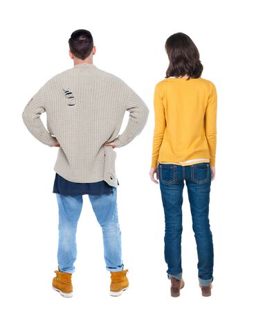 Back view couple in sweater. beautiful man and woman. Rear view people collection. backside view of person. Isolated over white background.の写真素材