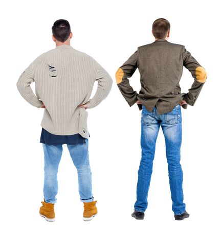 Back view two man in sweater. Rear view people collection. backside view of person. Isolated over white background. Guys looking forwardの写真素材