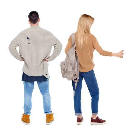 Back view of couple in sweater showing thumbs up. beautiful woman and man together. Rear view people collection. backside view of person. Isolated over white background.の写真素材