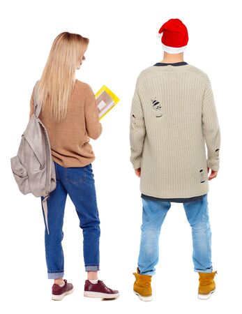 Back view couple in sweater. beautiful man and woman. Rear view people collection. backside view of person. Isolated over white background.の写真素材
