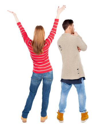 Back view couple in sweater. beautiful man and woman. Rear view people collection. backside view of person. Isolated over white background.の写真素材