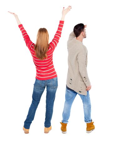 Back view couple in sweater. beautiful man and woman. Rear view people collection. backside view of person. Isolated over white background.の写真素材
