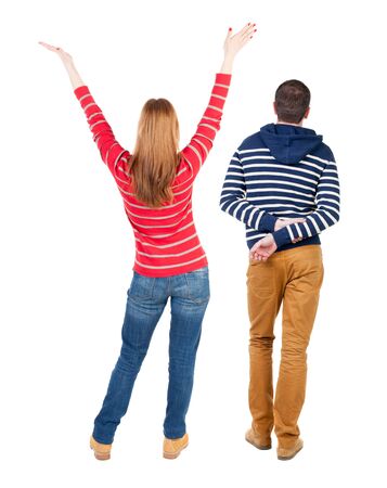 Back view couple in sweater. beautiful man and woman. Rear view people collection. backside view of person. Isolated over white background.の写真素材