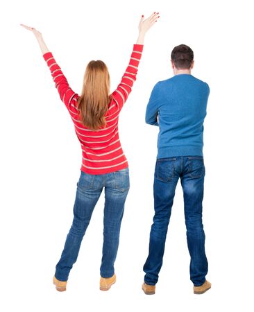 Back view couple in sweater. beautiful man and woman. Rear view people collection. backside view of person. Isolated over white background.の写真素材