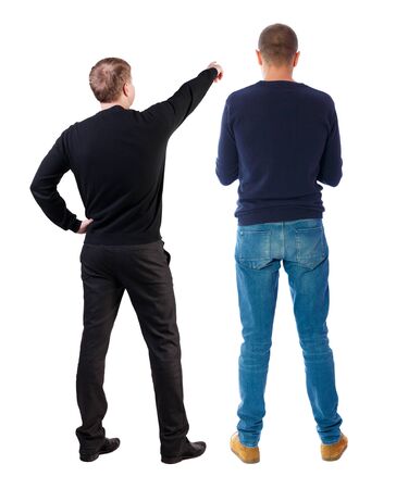 Back view of two man in sweater with mobile phone. Rear view people collection. backside view of person. Isolated over white background.の写真素材