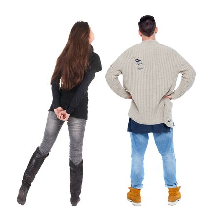 Back view couple in sweater. beautiful man and woman. Rear view people collection. backside view of person. Isolated over white background.の写真素材