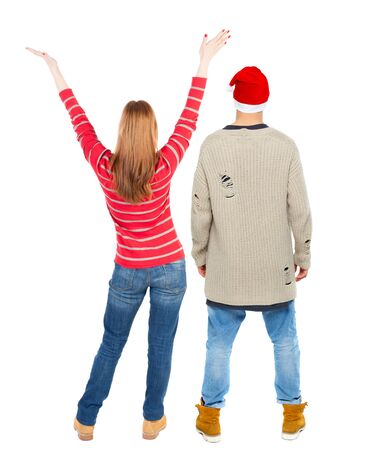 Back view couple in sweater. beautiful man and woman. Rear view people collection. backside view of person. Isolated over white background.の写真素材