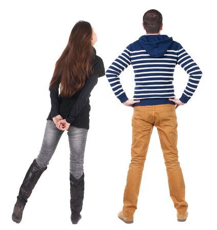 Back view couple in sweater. beautiful man and woman. Rear view people collection. backside view of person. Isolated over white background.の写真素材