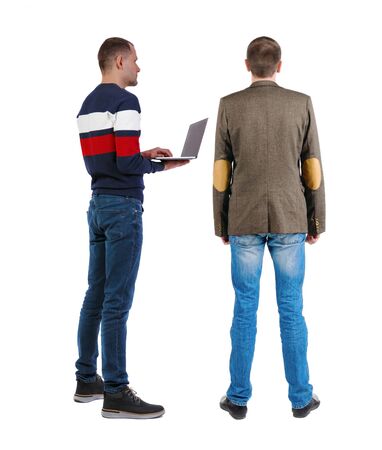 Back view two man in sweater. Rear view people collection. backside view of person. Isolated over white background. Guys looking forwardの写真素材