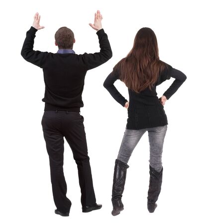 Back view couple in sweater. beautiful man and woman. Rear view people collection. backside view of person. Isolated over white background.の写真素材