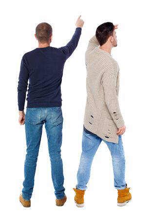 Back view of two man in sweater with mobile phone. Rear view people collection. backside view of person. Isolated over white background.の写真素材