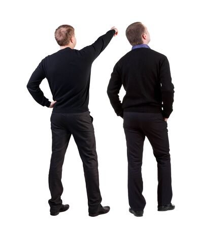 Back view of two man in sweater with mobile phone. Rear view people collection. backside view of person. Isolated over white background.の写真素材