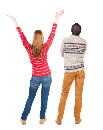 Back view couple in sweater. beautiful man and woman. Rear view people collection. backside view of person. Isolated over white background.の写真素材