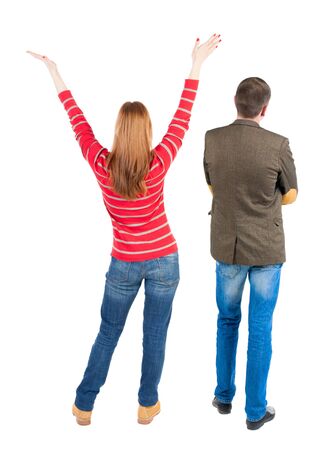 Back view couple in sweater. beautiful man and woman. Rear view people collection. backside view of person. Isolated over white background.の写真素材