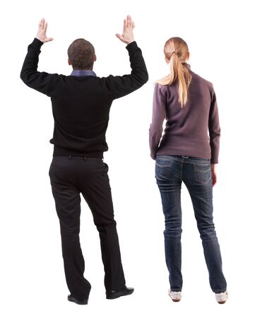 Back view couple in sweater. beautiful man and woman. Rear view people collection. backside view of person. Isolated over white background.の写真素材
