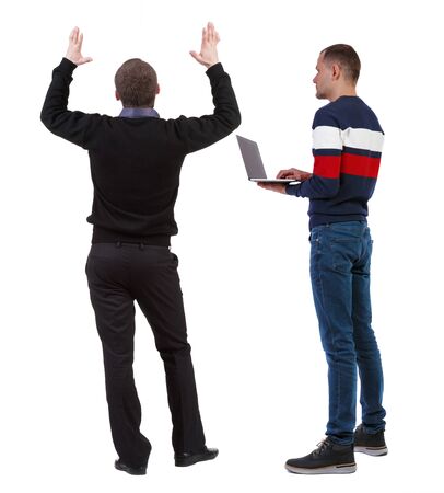 Back view two man in sweater. Rear view people collection. backside view of person. Isolated over white background. Guys looking forwardの写真素材