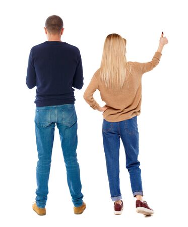 Back view of couple in sweater showing thumbs up. beautiful woman and man together. Rear view people collection. backside view of person. Isolated over white background.の写真素材