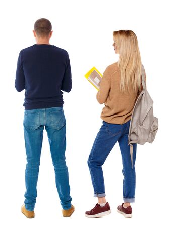 Back view couple in sweater. beautiful man and woman. Rear view people collection. backside view of person. Isolated over white background.の写真素材
