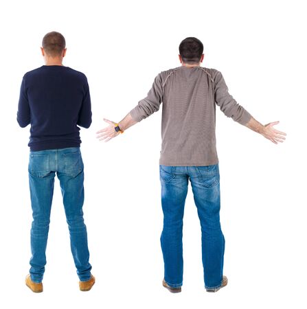 Back view two man in sweater. Rear view people collection. backside view of person. Isolated over white background.の写真素材
